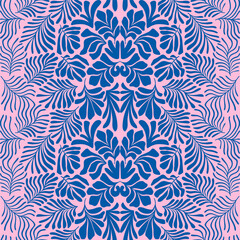 Pink blue abstract background with tropical palm leaves in Matisse style. Vector seamless pattern with Scandinavian cut out elements.