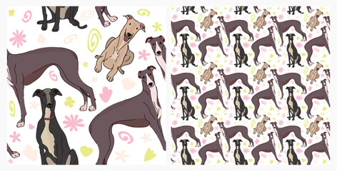 Spring pattern with spirals, leaf, flowers, 
Greyhound dogs. Pastel colors. Elegant, soft seamless background, abstract summer pattern with hand-drawn colorful shapes. Delicate, gender-neutral, child.