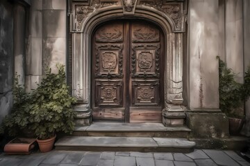 A wooden door with carvings on it Generative AI
