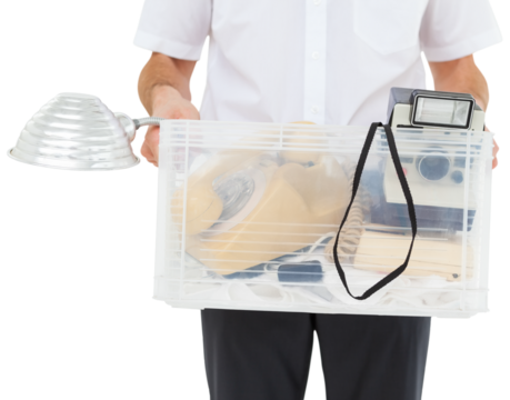 Businessman holding box of his things - Powered by Adobe
