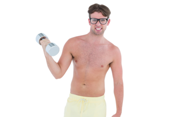 Geeky hipster posing topless with dumbbell