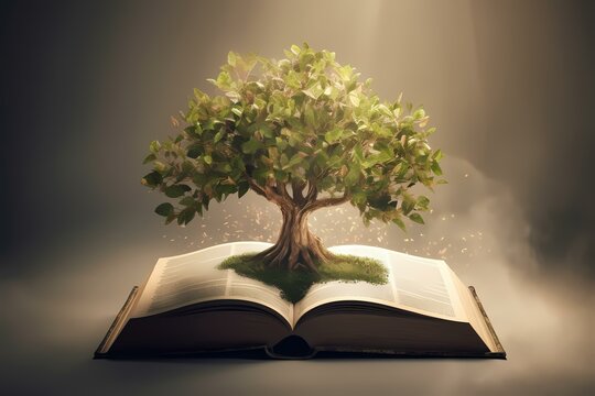 A tree with a book and a book on it Generative AI