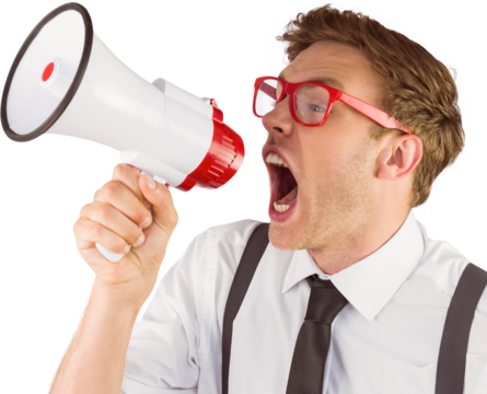 Geeky businessman shouting through megaphone - Powered by Adobe