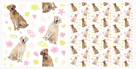 Spring pattern with spirals, leaf, flowers, labrador retriever dogs. Pastel colors. Elegant, soft seamless background, abstract summer pattern with hand-drawn colorful shapes. Delicate, gender-neutral