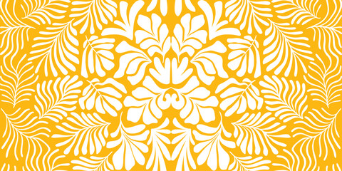 Yellow abstract background with tropical palm leaves in Matisse style. Vector seamless pattern with Scandinavian cut out elements.