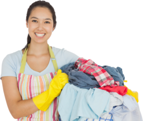 Laughing woman holding laundry basket