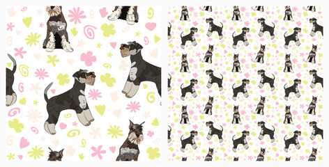Fototapeta premium Spring pattern with spirals, leaf, flowers, Miniature Schnauzer dogs. Pastel colors. Elegant, soft seamless background, abstract summer pattern with hand-drawn colorful shapes. Delicate baby design.