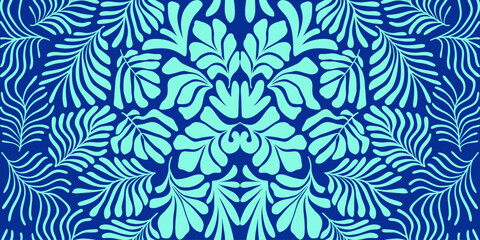 Turquoise blue abstract background with tropical palm leaves in Matisse style. Vector seamless pattern with Scandinavian cut out elements.