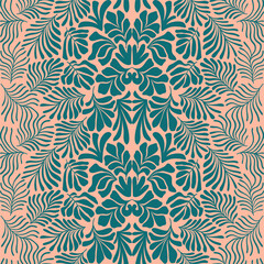 Peach green abstract background with tropical palm leaves in Matisse style. Vector seamless pattern with Scandinavian cut out elements.