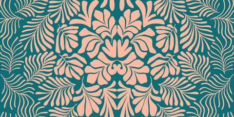 Peach green abstract background with tropical palm leaves in Matisse style. Vector seamless pattern with Scandinavian cut out elements.