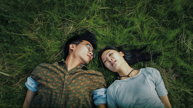 Asian couple sunny day lovers and dreamers in the green grass, photo style shot from above a green field of grass, lovers on a beautiful warm day outside happy togetherness (generative AI, AI)