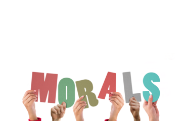 Cropped hands holding colorful word morals 