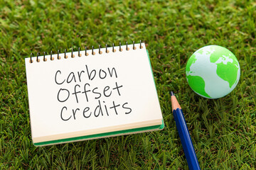 There is a notebook with the word Carbon Offset Credits and an earth ball. It is eye-catching image.
