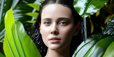 A face of a white woman in a tropical shower, ai