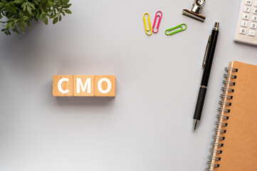 There is wood cube with the word CMO.It is an abbreviation for Chief Marketing Officer as...