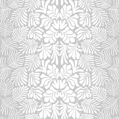 White gray abstract background with tropical palm leaves in Matisse style. Vector seamless pattern with Scandinavian cut out elements.