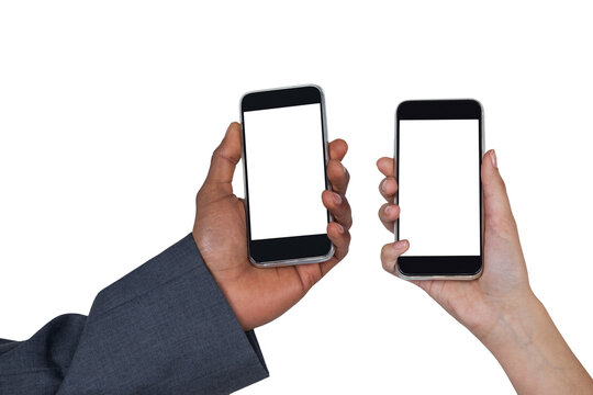 Cropped hands of man and woman holding mobile phones