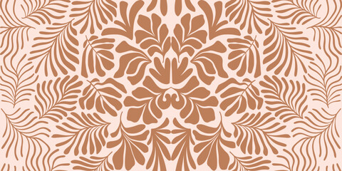 Brown beige abstract background with tropical palm leaves in Matisse style. Vector seamless pattern with Scandinavian cut out elements. - obrazy, fototapety, plakaty