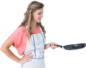 Happy hipster woman holding frying pan 