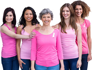 Portrait of confident females standing with hands on womans shoulder for breast cancer awareness
