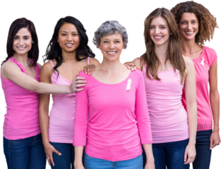 Portrait of confident females standing with hands on womans shoulder for breast cancer awareness