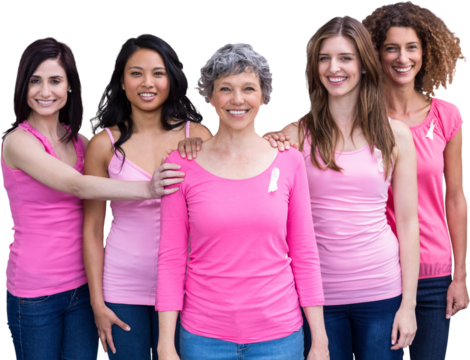 Portrait of confident females standing with hands on womans shoulder for breast cancer awareness