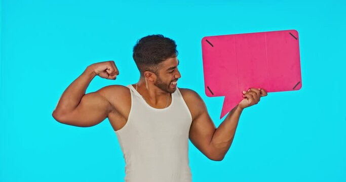 Fitness, blank speech bubble and man in studio for gym info on body growth tips in green screen space. Social media mockup, exercise deal or by Indian personal trainer or muscular sports instructor.