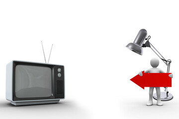 Figurine holding red arrow symbol by lamp and television on white background