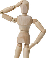 Confused wooden 3d figurine standing with hand on head