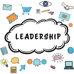 Leadership text surrounded by various web icons
