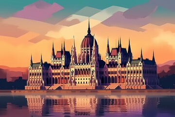 A large building with towers by water Generative AI