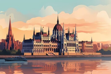 Obraz premium A painting of hungarian parliament building with a boat in front of it Generative AI