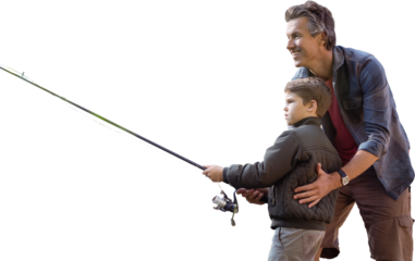 Father teaching his son fishing 