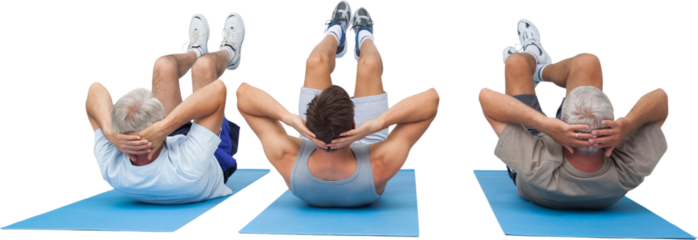 Full length of three men doing abdominal crunches