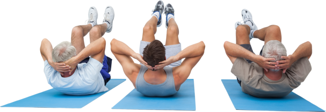 Full length of three men doing abdominal crunches