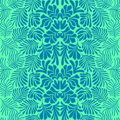 Turquoise blue abstract background with tropical palm leaves in Matisse style. Vector seamless pattern with Scandinavian cut out elements.