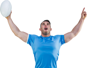 Rugby player cheering and pointing