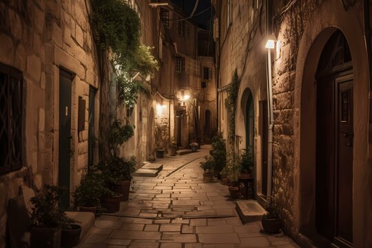 A cobblestone street with buildings on both sides Generative AI