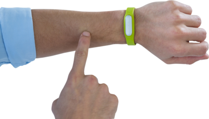 Cropped image of man using fitness band