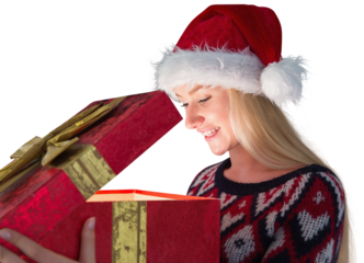 Festive blonde opening a gift