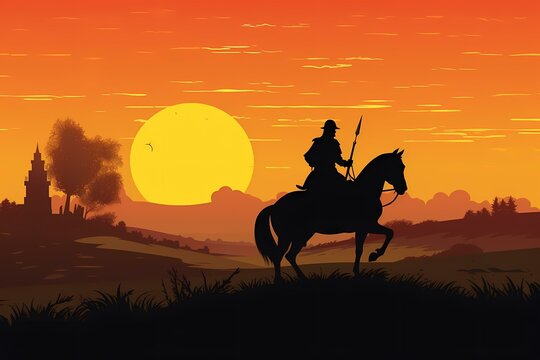 A person riding a horse in front of a sunset Generative AI