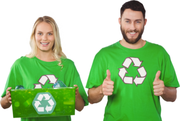 Portrait of cheerful volunteers in recycling symbol tshirts 