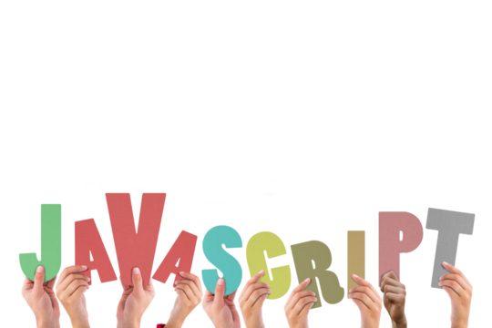 Colorful alphabet spelling JavaScript held up by people 