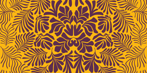 Brown yellow abstract background with tropical palm leaves in Matisse style. Vector seamless pattern with Scandinavian cut out elements.