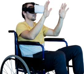 Man using virtual reality glasses while sitting on wheelchair