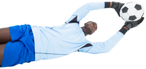 Goalkeeper lying down holding the ball