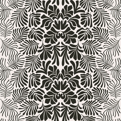 Fototapeta premium Black and white abstract background with tropical palm leaves in Matisse style. Vector seamless pattern with Scandinavian cut out elements.