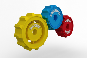 Plastic gears with text on white background