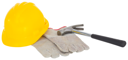 Gloves with hammer and hardhat on white background