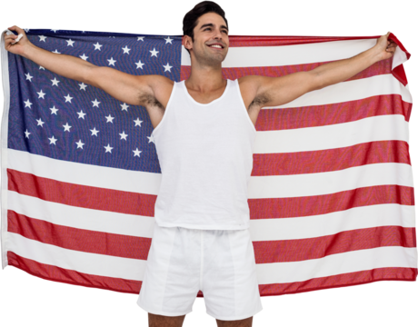 Athlete posing with american flag after victory